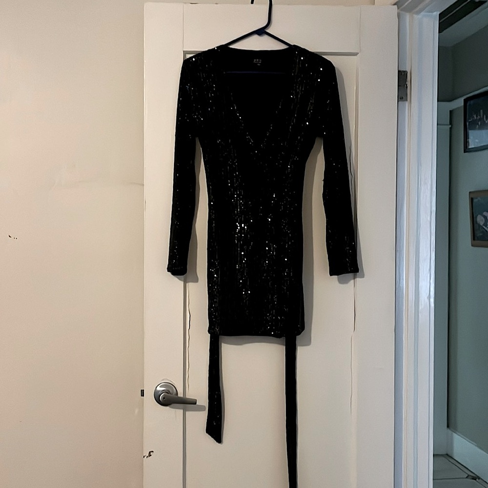 Privy sequined wrap dress with belt. Micro wrap dress.